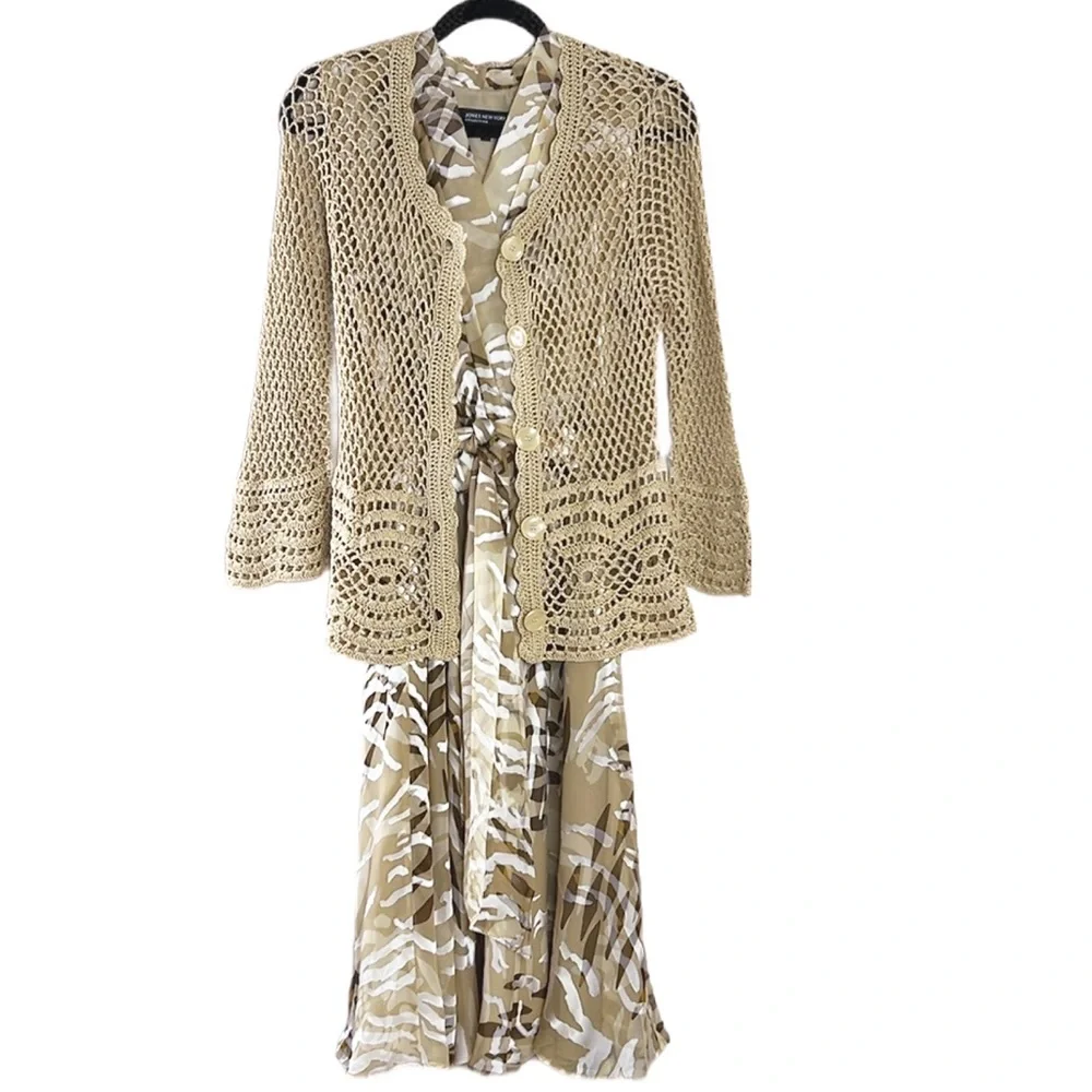 2 Piece Jones New York Collection Belt Wrap Midi Sleeveless Dress & Cardigan 8 - Picture 1 of 10